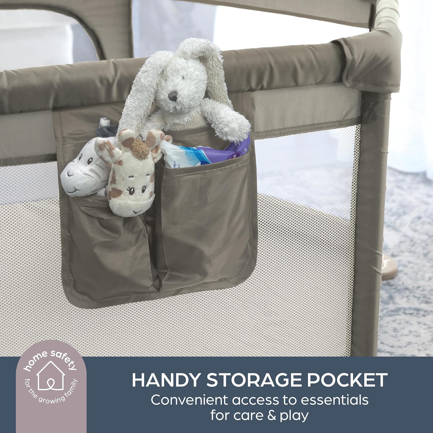 Dreambaby deluxe baby playpen with padded sides featuring a handy storage pocket for toys and essentials