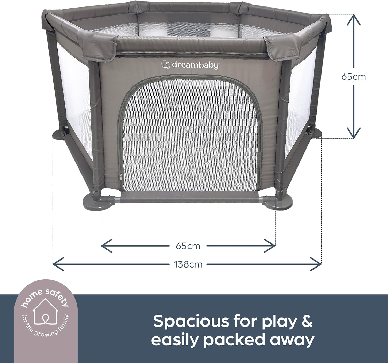 Dreambaby deluxe baby playpen with padded sides for safe play, dimensions 138cm by 65cm