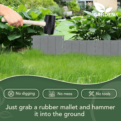 GARDENIX easy install lawn edging being hammered into the ground with a rubber mallet in a garden setting