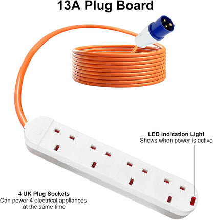 Anesty 10m electric hook up cable for camping with 13A plug board and LED indication light