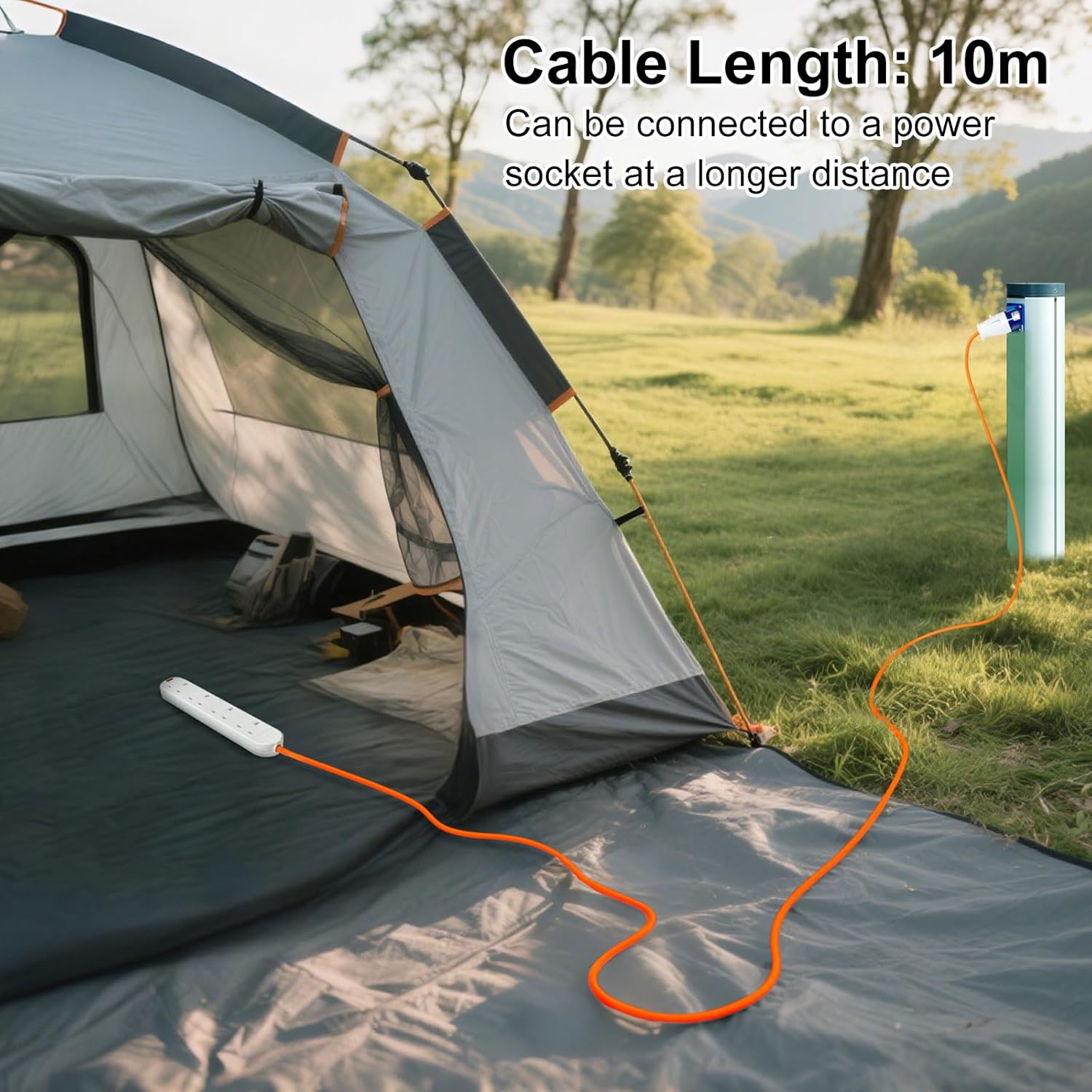 10m electric hook up cable for camping with durable design for outdoor use near a tent