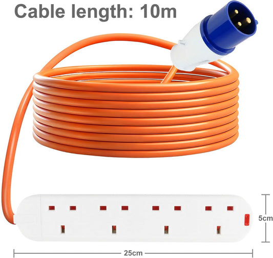 Anesty 10m electric hook up cable for camping with orange cord and multiple plug sockets