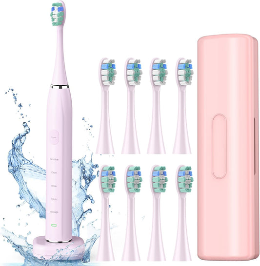 Coulax electric sonic toothbrush with wireless charging and multiple replacement heads in pink