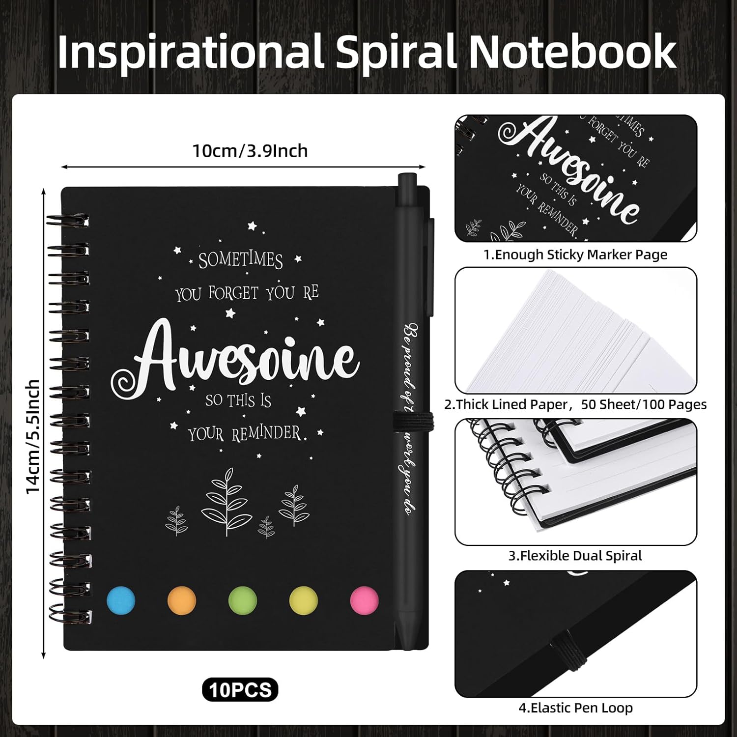 Inspirational spiral notebook pack with sticky notes, ideal as employee appreciation gifts bulk