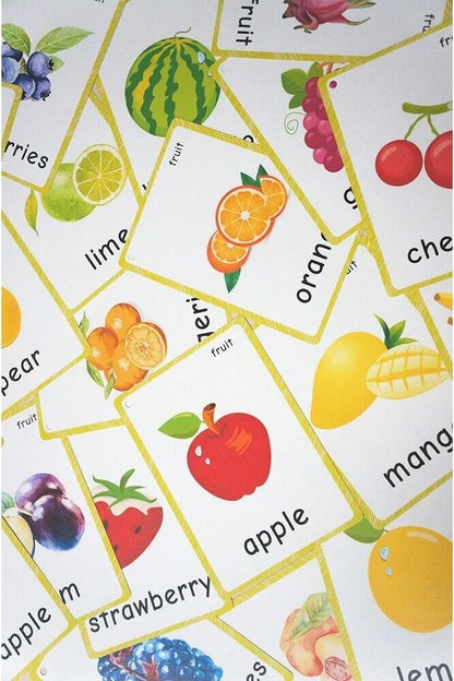 Colorful English fruit flash cards featuring various fruits with illustrations and names for educational use