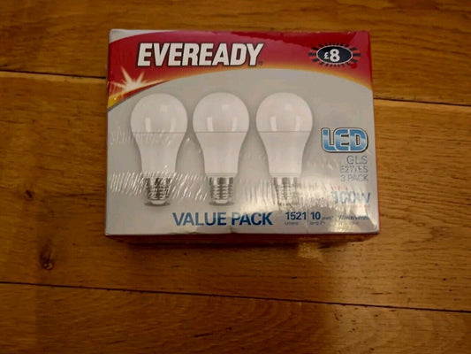 Eveready LED 100W screw bulb value pack with three energy-saving bulbs in packaging