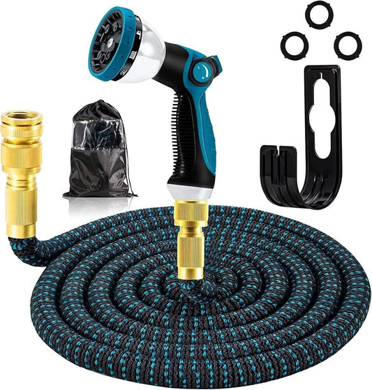 Durable expandable garden hose with brass fittings and ergonomic spray nozzle for easy watering