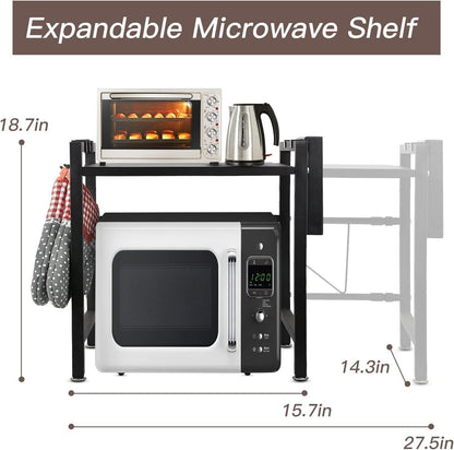 Expandable microwave oven rack with sturdy design and adjustable height for kitchen organization