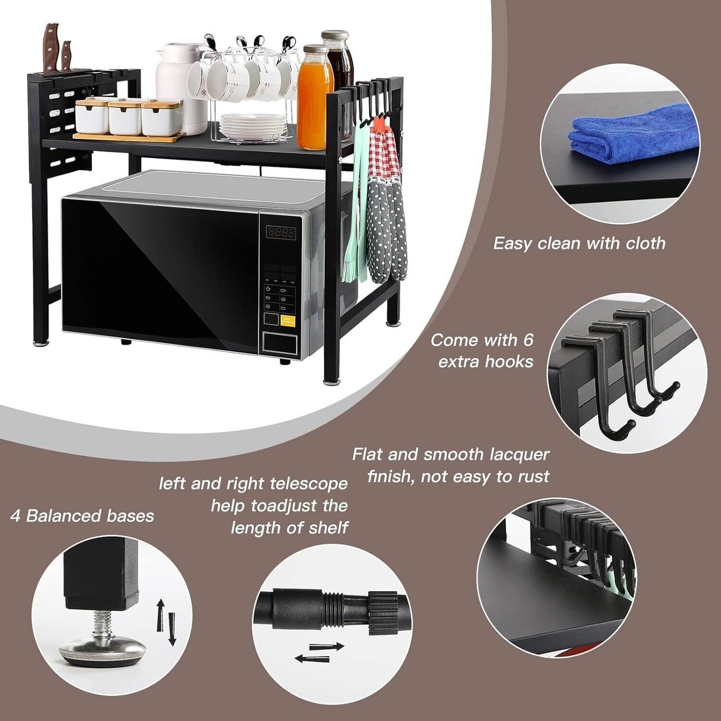 Expandable microwave oven rack with 6 hooks and adjustable shelves for kitchen organisation