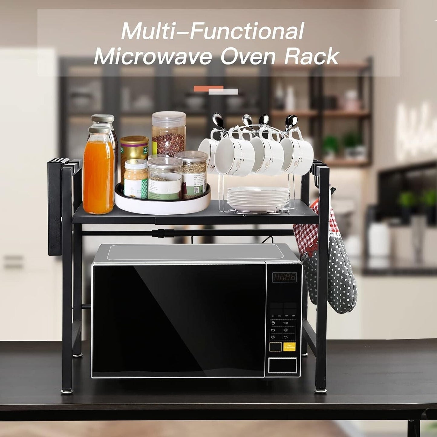 Expandable microwave oven rack with jars, spices, and mugs for kitchen storage and organisation