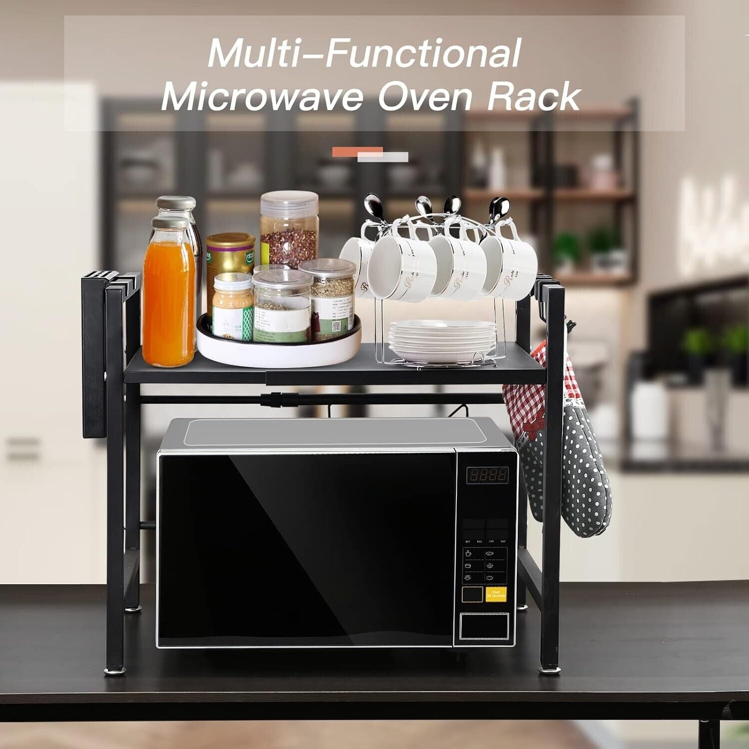 Expandable microwave oven rack with jars, spices, and mugs for kitchen storage and organisation