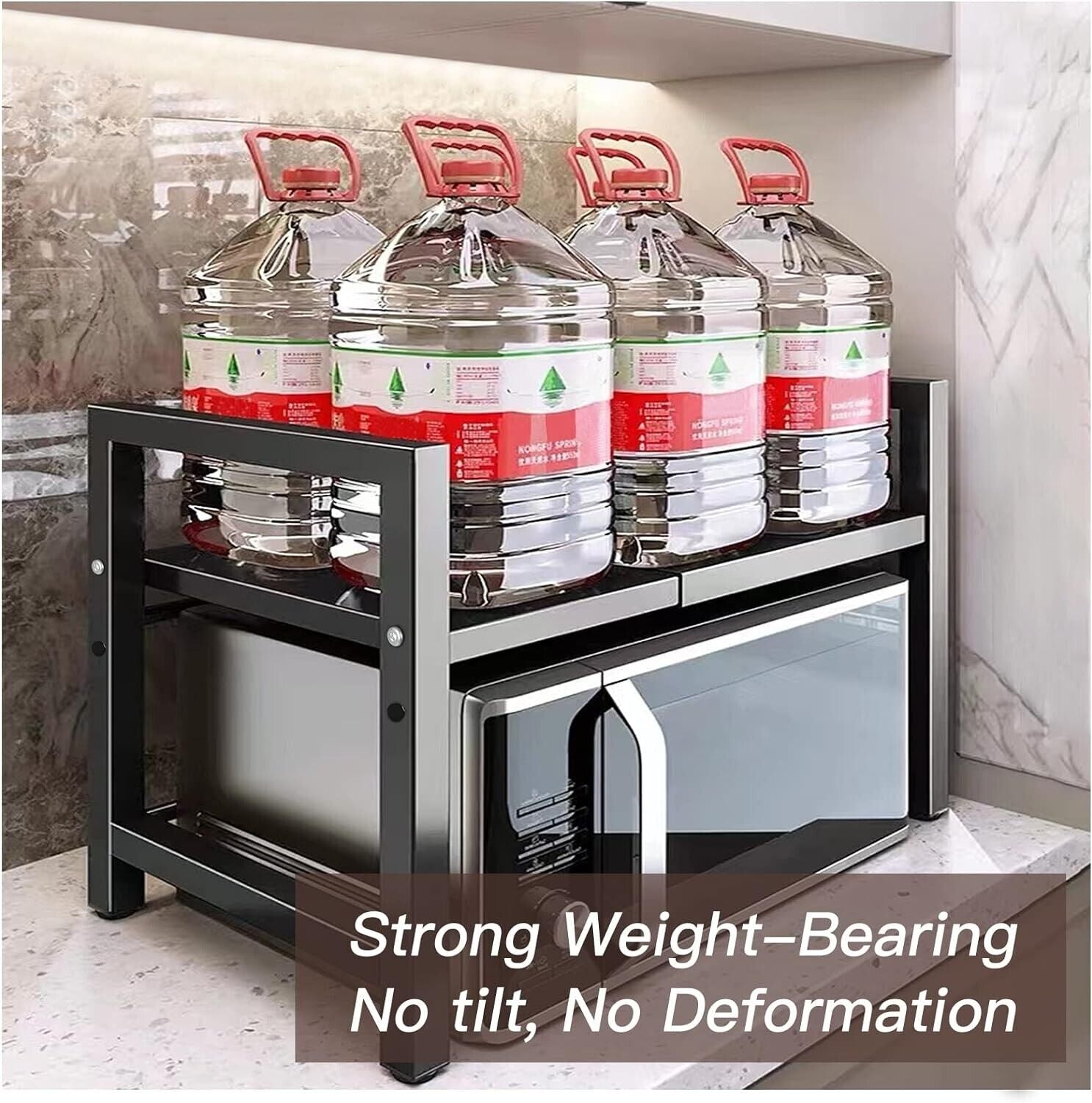 Expandable microwave oven rack with strong weight-bearing design, holding large water bottles and a microwave