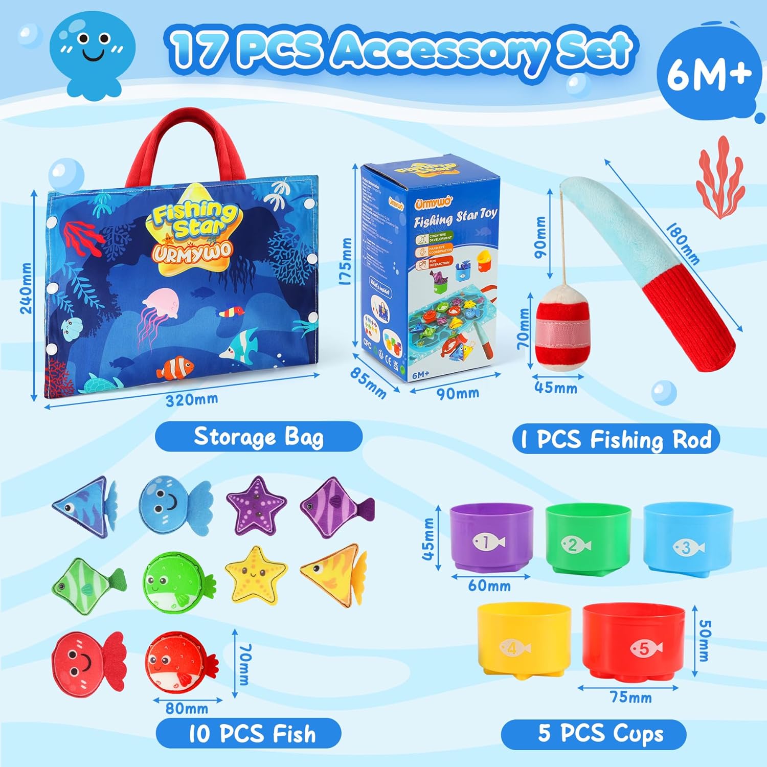 Urmywo fabric fishing game for toddlers with 17 accessory pieces including fish, cups, and a fishing rod