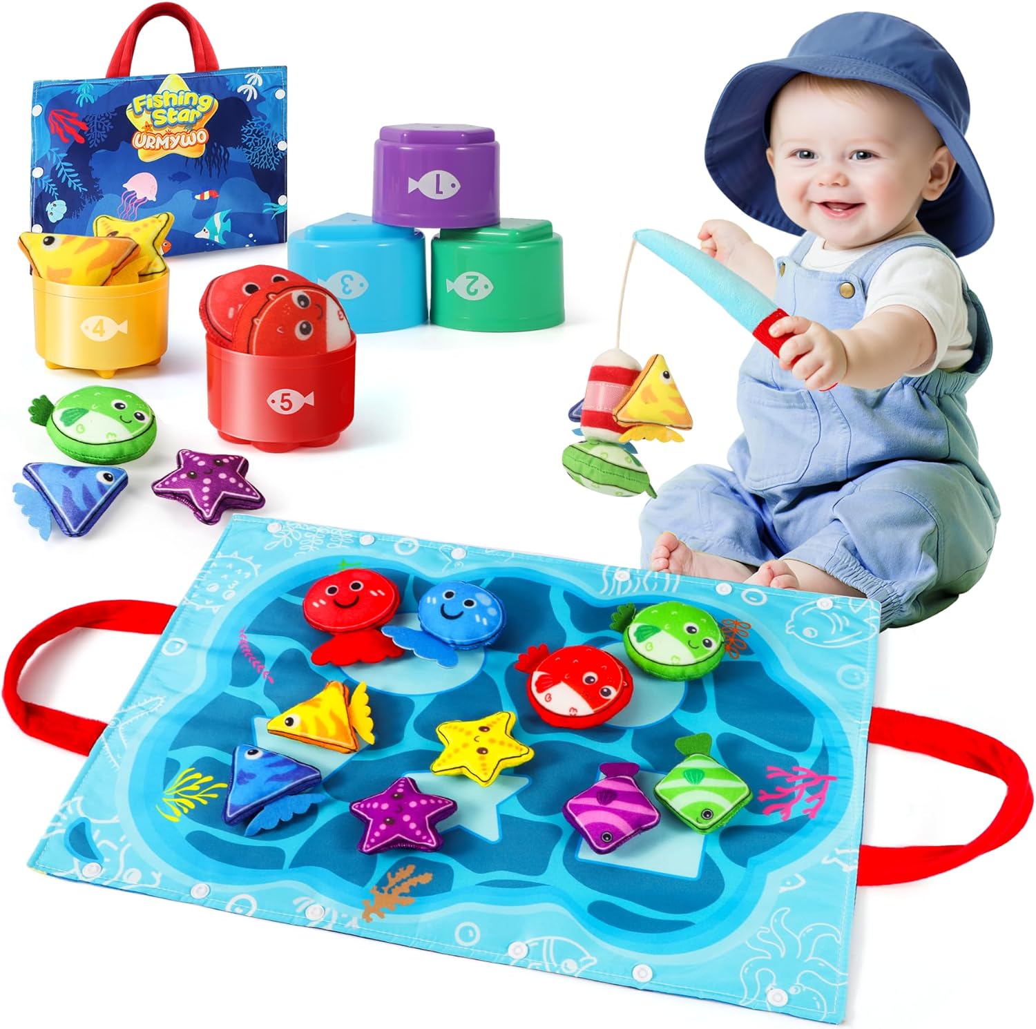 Fabric fishing game for toddlers featuring bright fish and a child using a fishing rod