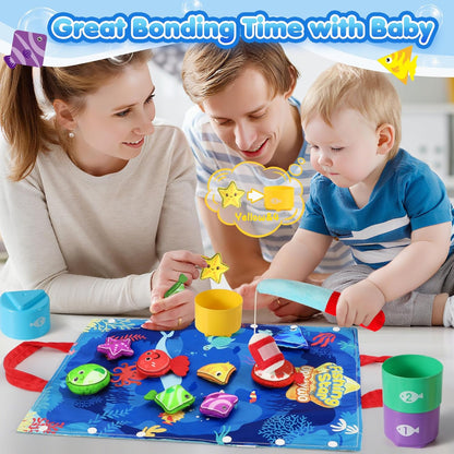 Family enjoying a fabric fishing game for toddlers, promoting bonding and playful learning.