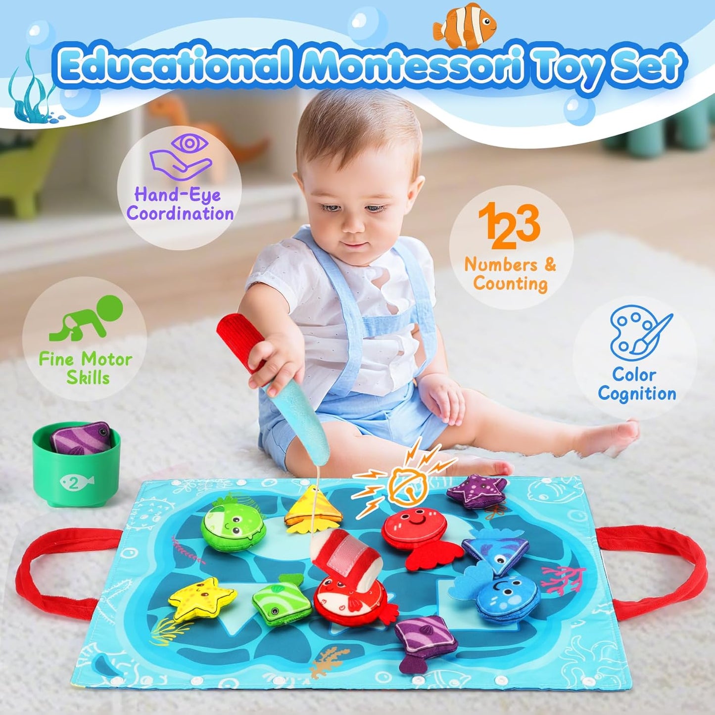 Urmywo educational Montessori toy set featuring a fabric fishing game for toddlers to enhance fine motor skills