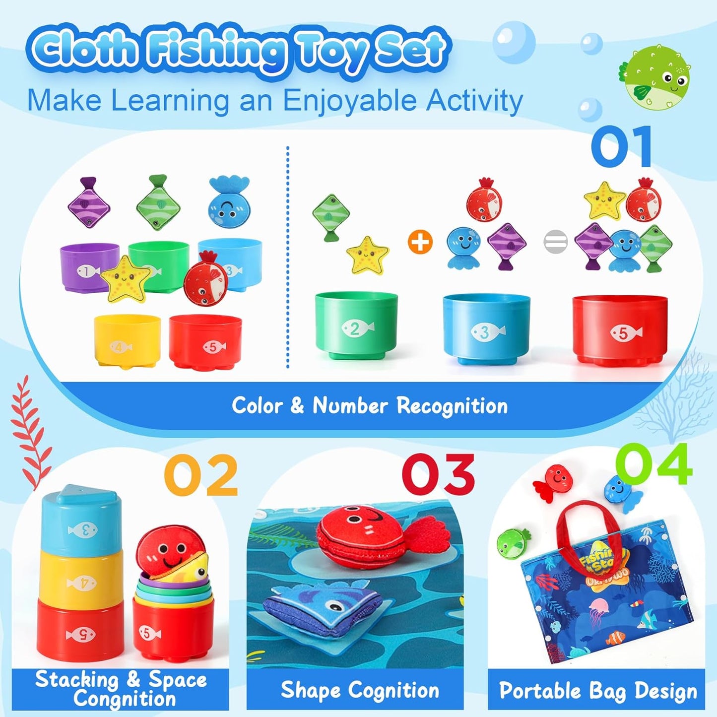 Urmywo cloth fishing toy set featuring vibrant fishing game for toddlers with stacking, shape, and number activities