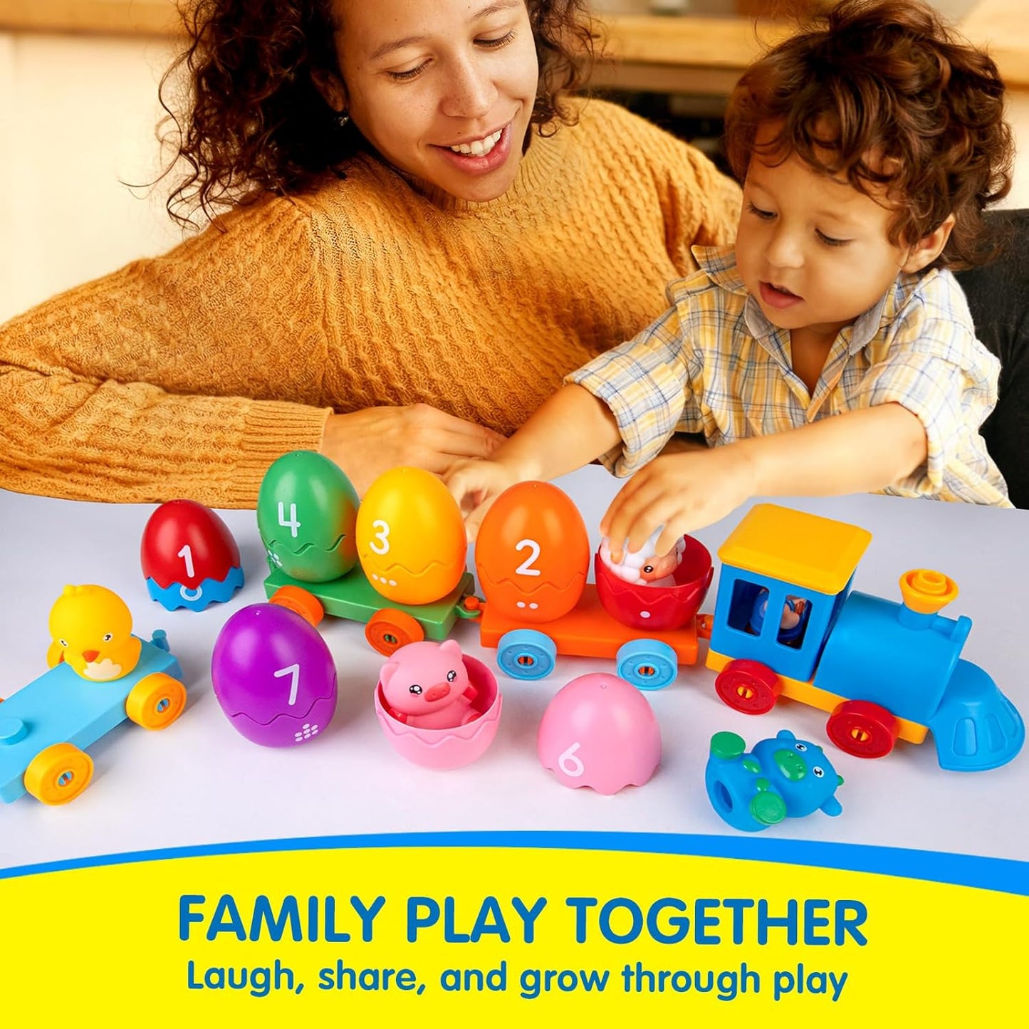 Quanquer farm train set educational toy with colourful eggs and engaging play pieces for shared family fun