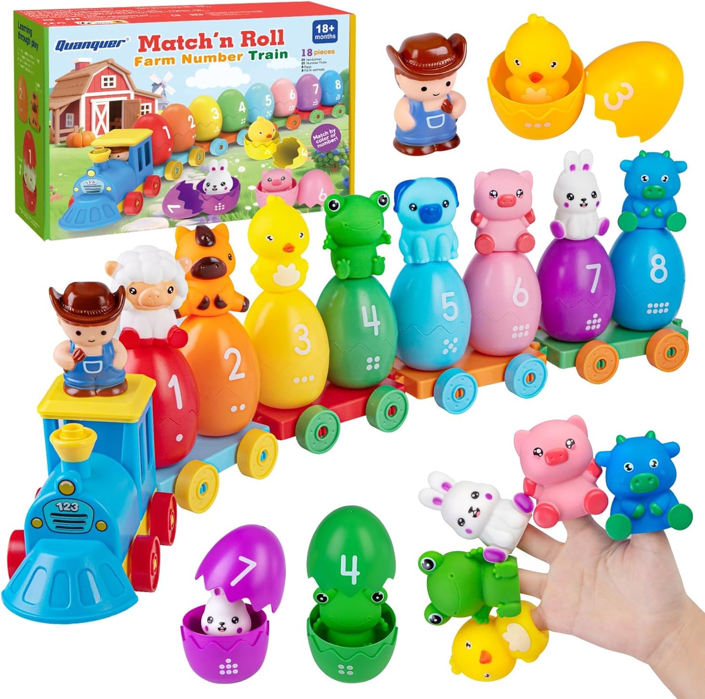 Quanquer Match'n Roll Farm Train Set Educational Toy with colourful stacking eggs and animal figures