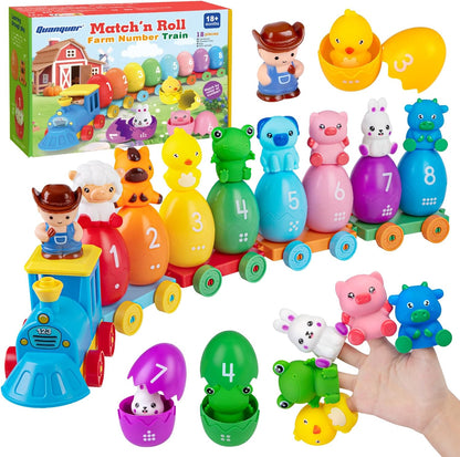 Quanquer Match'n Roll Farm Train Set Educational Toy with colourful stacking eggs and animal figures