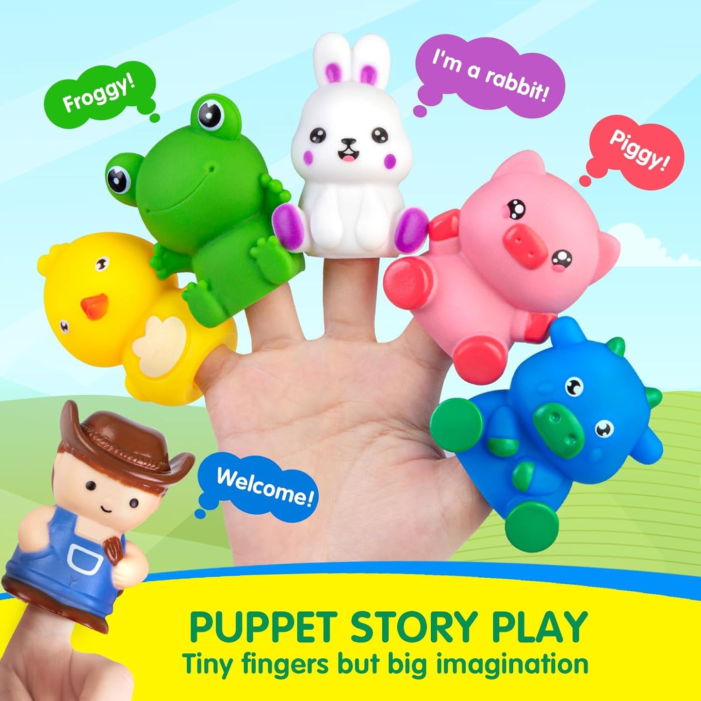 Colourful finger puppets featuring a frog, rabbit, pig, chick, and cow for imaginative play with the farm train set educational toy