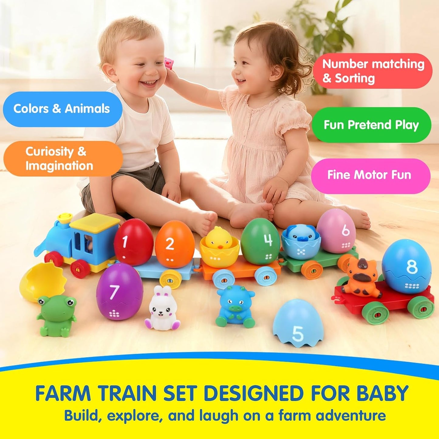 Quanquer farm train set educational toy for babies with colourful animals, numbers, and sorting fun