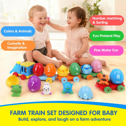 Quanquer farm train set educational toy for babies with colourful animals, numbers, and sorting fun