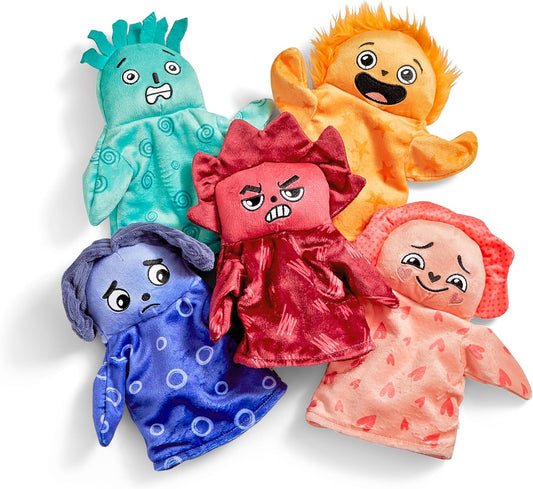Brightly coloured feelings hand puppets for toddlers, featuring various expressive characters