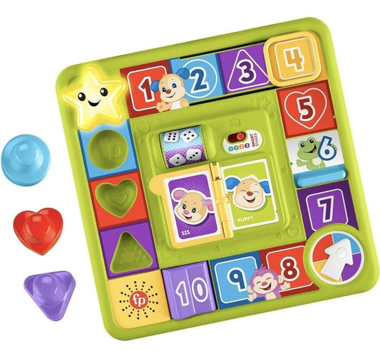 Fisher-Price interactive activity board with colourful shapes, dice, and characters for early learning