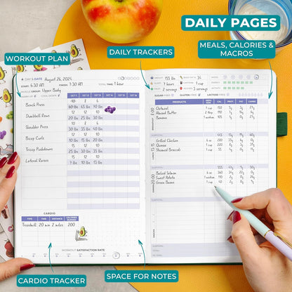 Clever Fox fitness and food journal showcasing daily pages for tracking workouts, meals, and macros