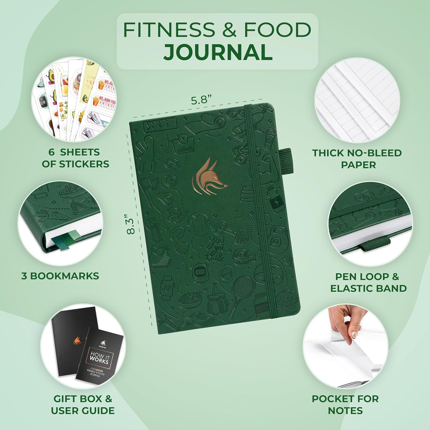 Clever Fox Fitness & Food Journal with thick paper, bookmarks, and stickers for tracking meals and workouts