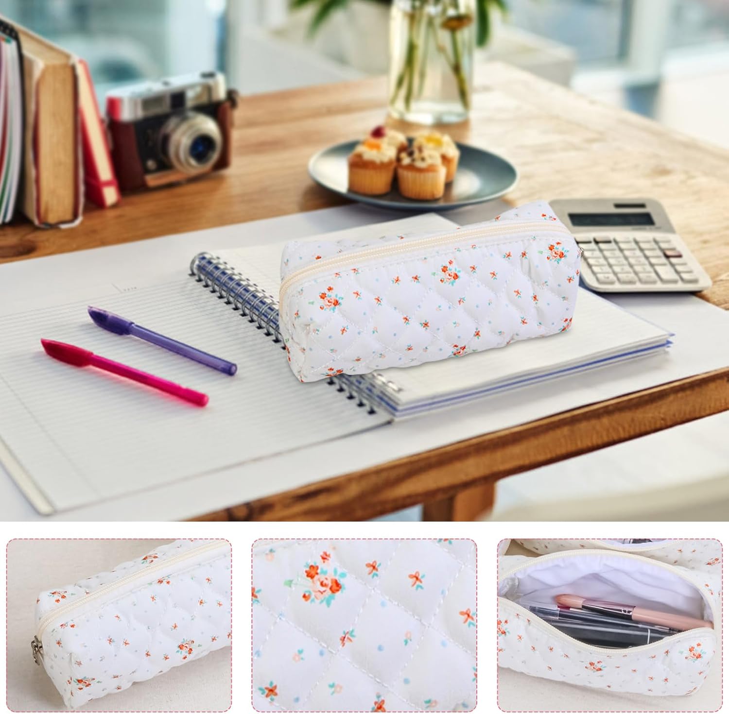 SiumPklay floral pencil case for girls on a study desk with stationery items