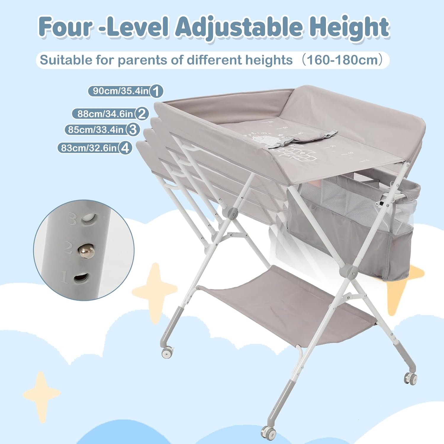 Yosamy foldable baby changing table with four adjustable heights for convenience and comfort