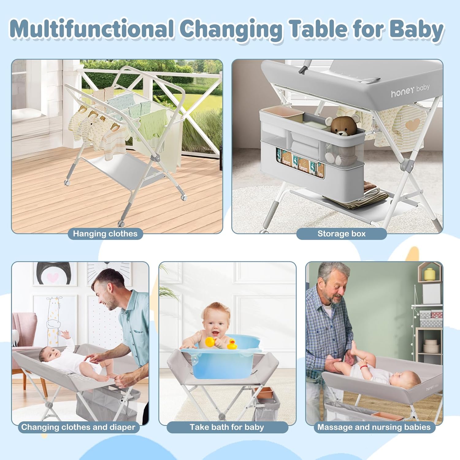 Yosamy foldable baby changing table with storage, hanging clothes and multifunctional use for babies