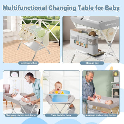 Yosamy foldable baby changing table with storage, hanging clothes and multifunctional use for babies