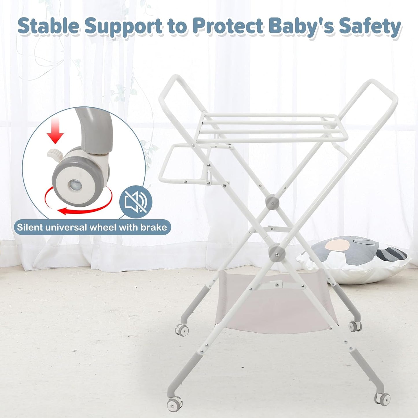 Foldable baby changing table with stable support and silent wheels for safety and convenience