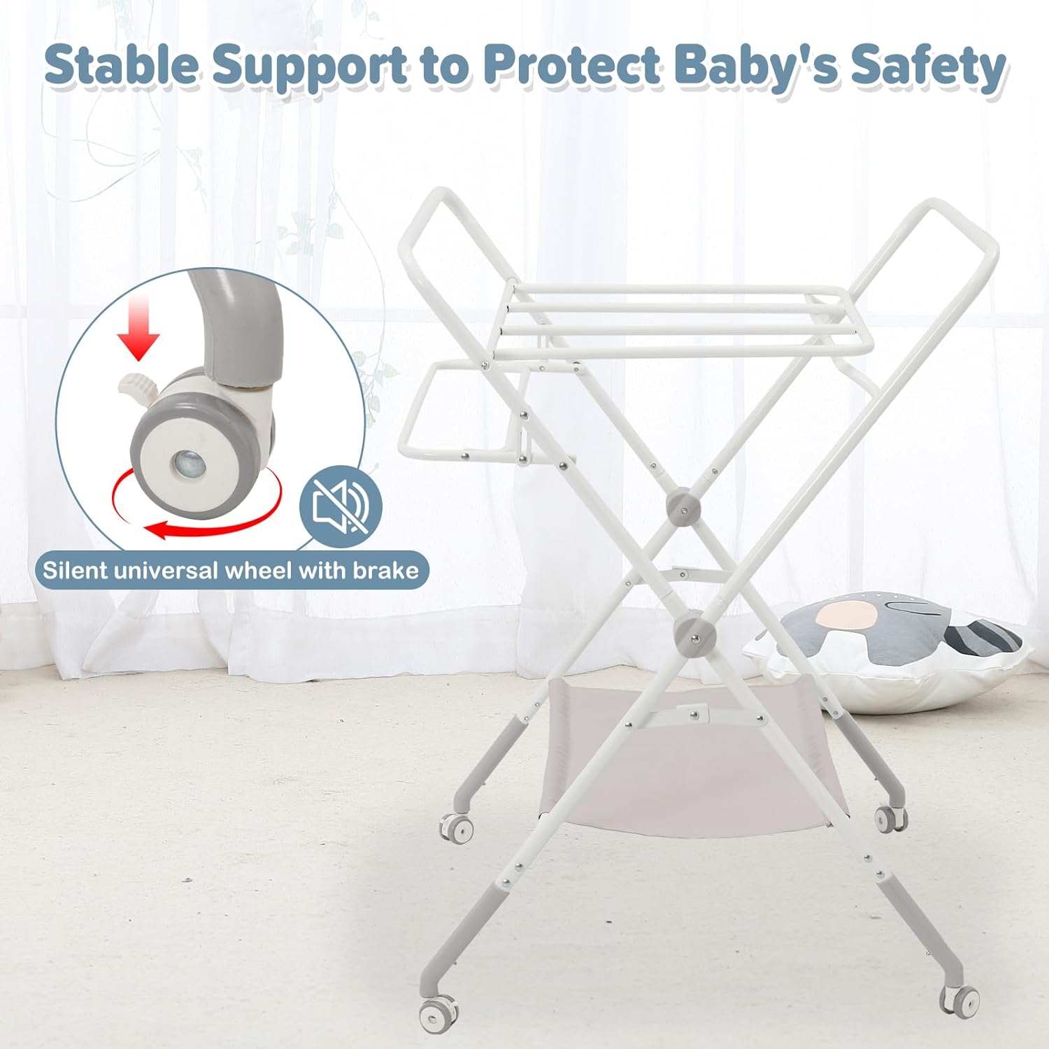 Foldable baby changing table with stable support and silent wheels for safety and convenience
