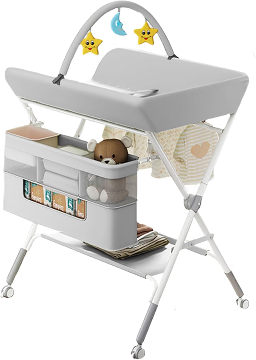 Yosamy foldable baby changing table in grey with storage pockets and hanging toys for convenient diaper changes
