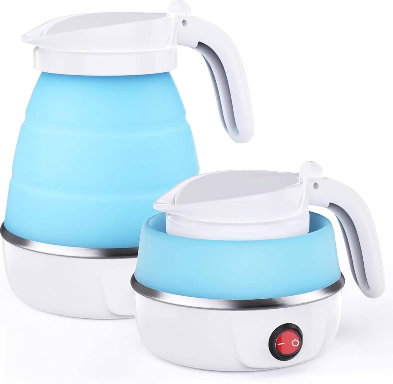 MKAEYYO foldable electric kettle in light blue, compact design ideal for travel and easy storage