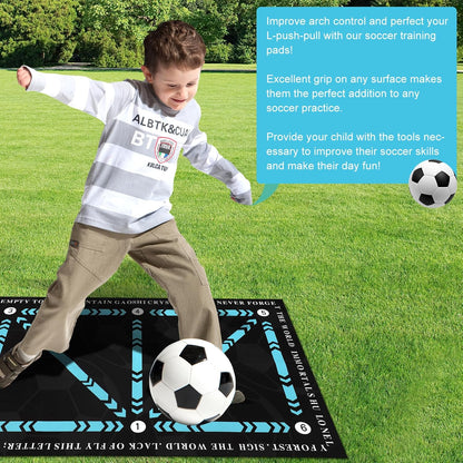 Child using a football training mat for skill practice with a soccer ball outdoors