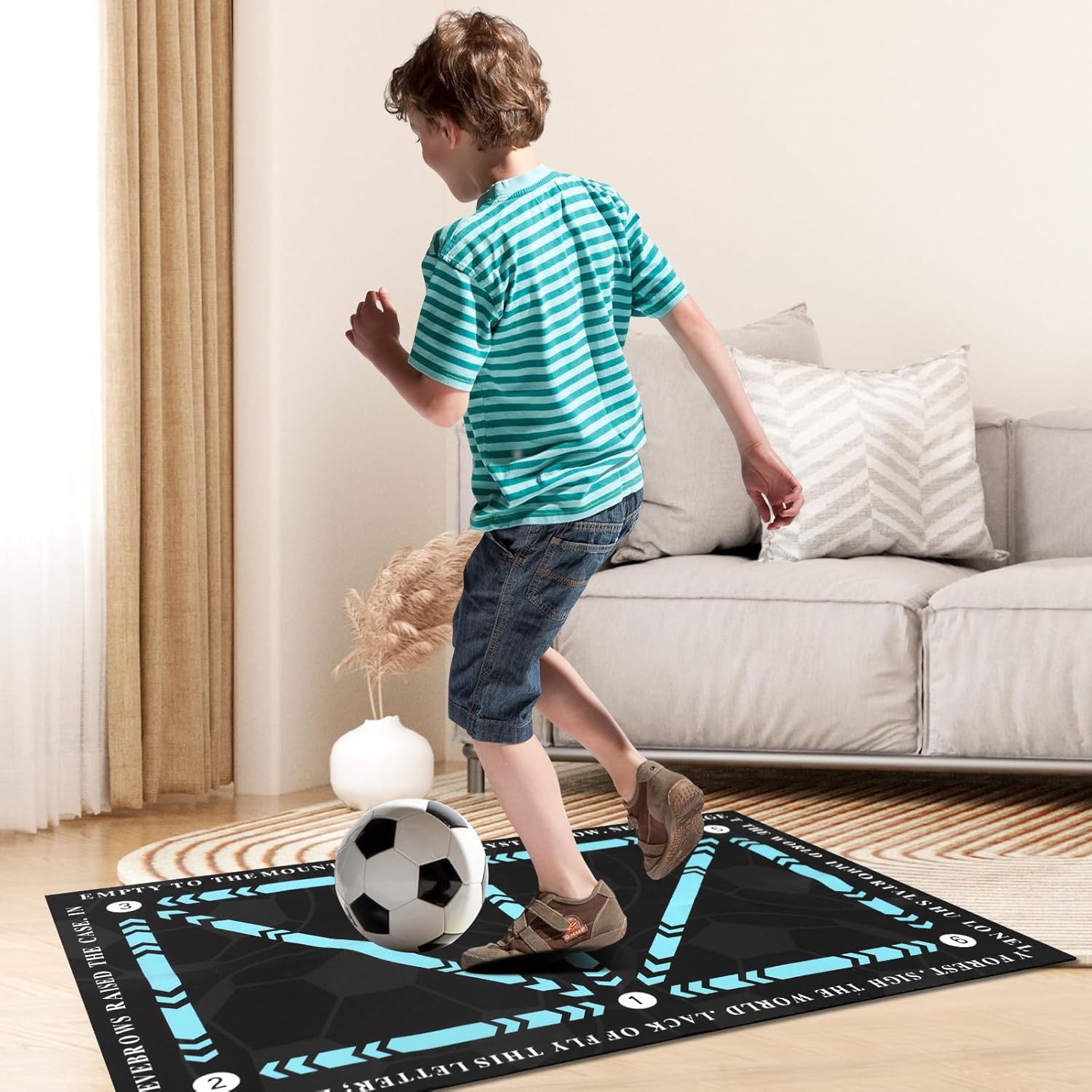Child practising skills on a football training mat in a stylish living room setting