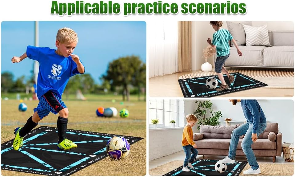 Football training mat for kids and adults with various practice scenarios for improving soccer skills