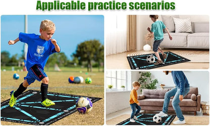 Football training mat for kids and adults with various practice scenarios for improving soccer skills