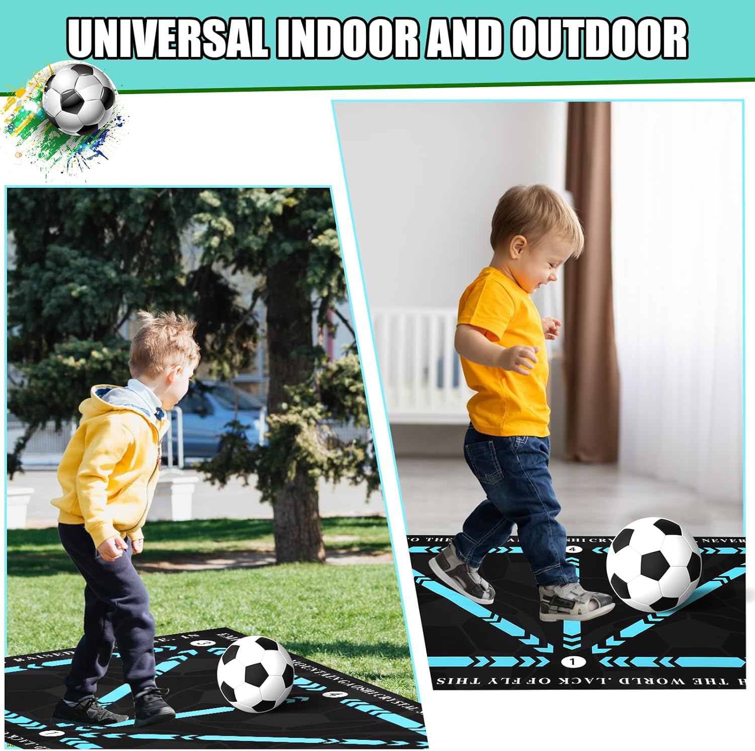 Child practicing skills on a football training mat designed for indoor and outdoor use