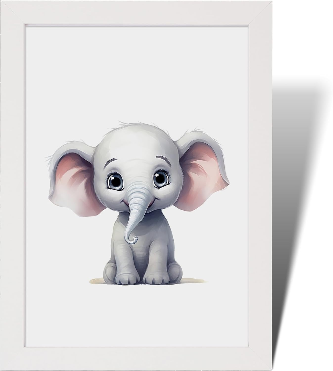 Framed safari animal nursery prints featuring a cute, smiling elephant illustration in soft colours