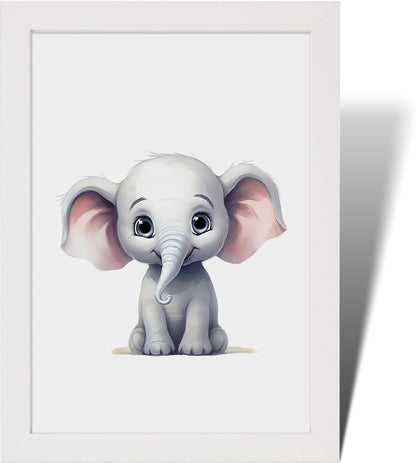 Framed safari animal nursery prints featuring a cute, smiling elephant illustration in soft colours