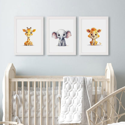Hippoboo framed safari animal nursery prints featuring a giraffe, elephant, and lion for a playful decor