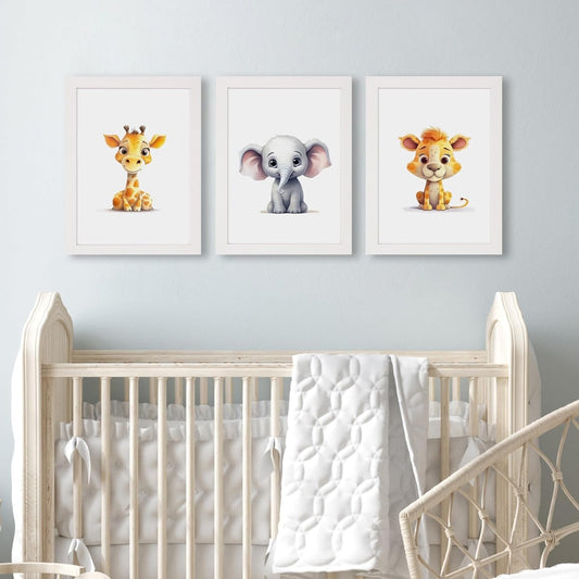 Hippoboo framed safari animal nursery prints featuring a giraffe, elephant, and lion for a playful decor