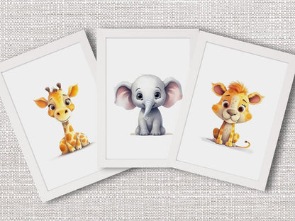 Framed safari animal nursery prints featuring a giraffe, elephant, and lion for children's decor