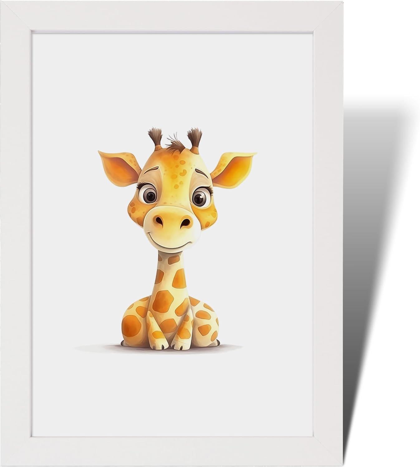 Framed safari animal nursery prints featuring a cute giraffe illustration with a friendly expression